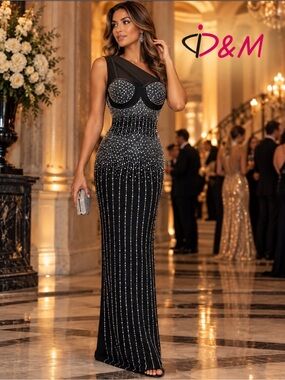 D&M Black Rhinestone Bustier Maxi Dress with Undergarment | 1XL | NWT